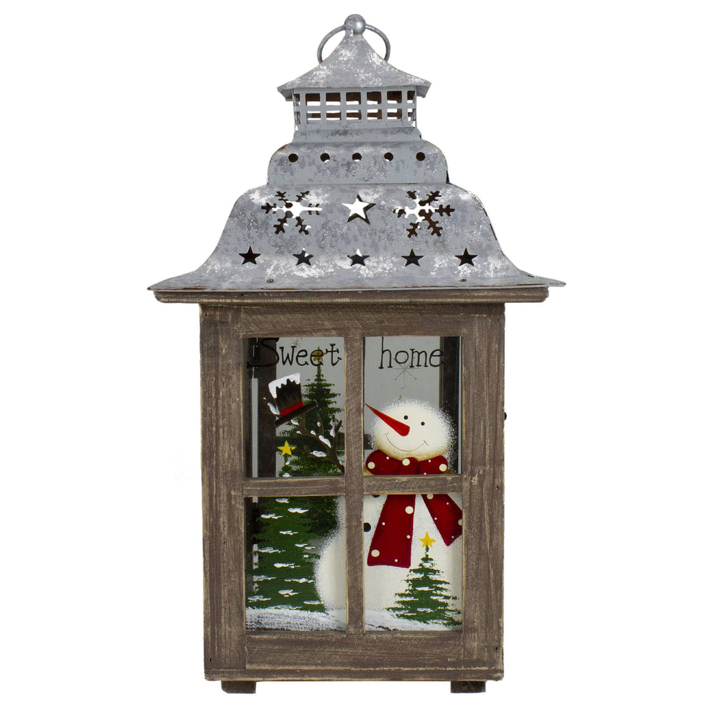Rustic Wooden Snowman Holiday Scene Christmas Pillar Candle Lantern K434