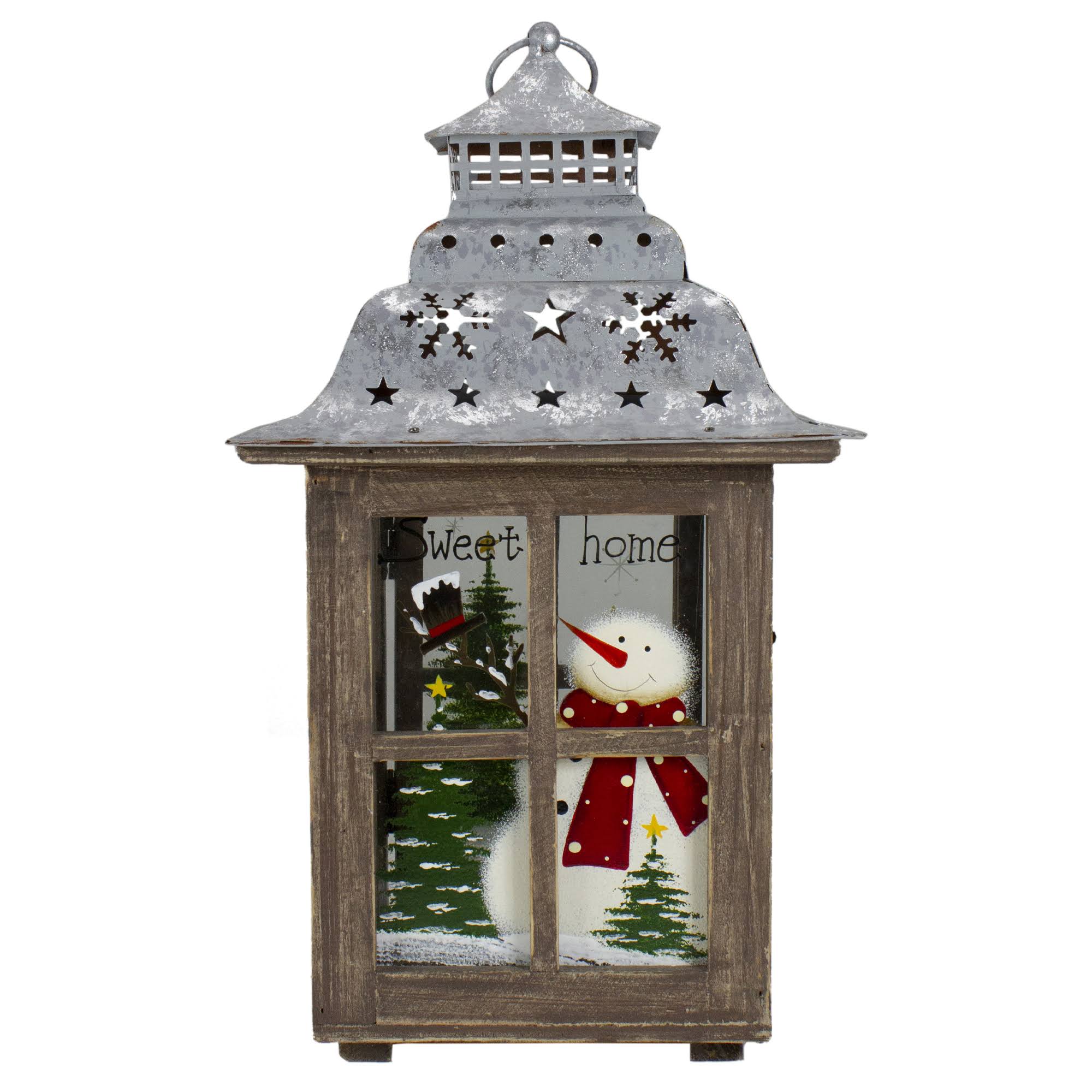Rustic Wooden Snowman Holiday Scene Christmas Pillar Candle Lantern K434