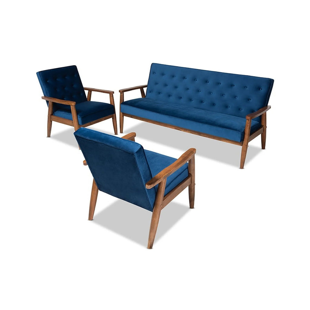 Navy Blue Velvet 3-Piece Wooden Living Room D706036