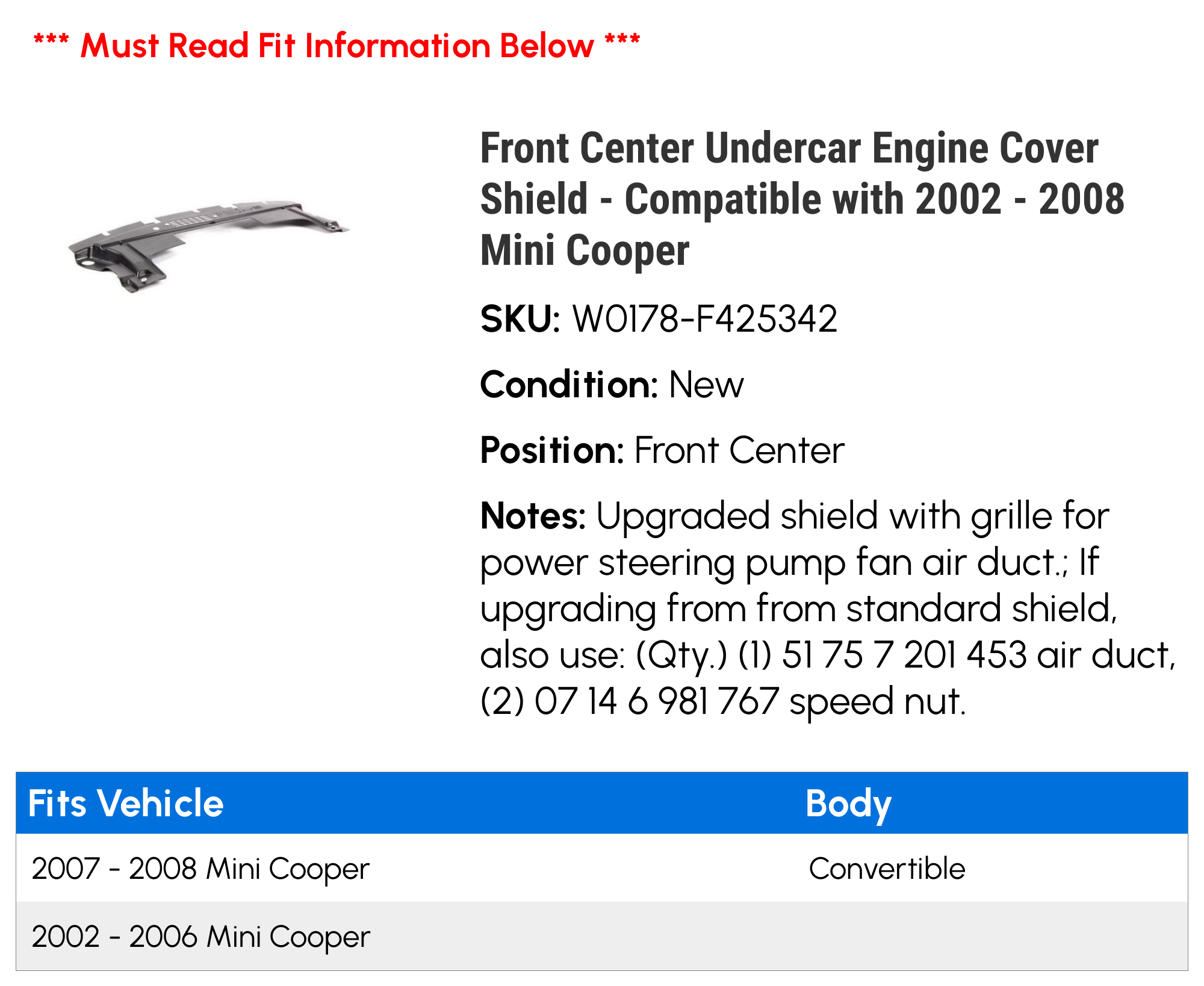Front Center Undercar Engine Cover Shield H899590