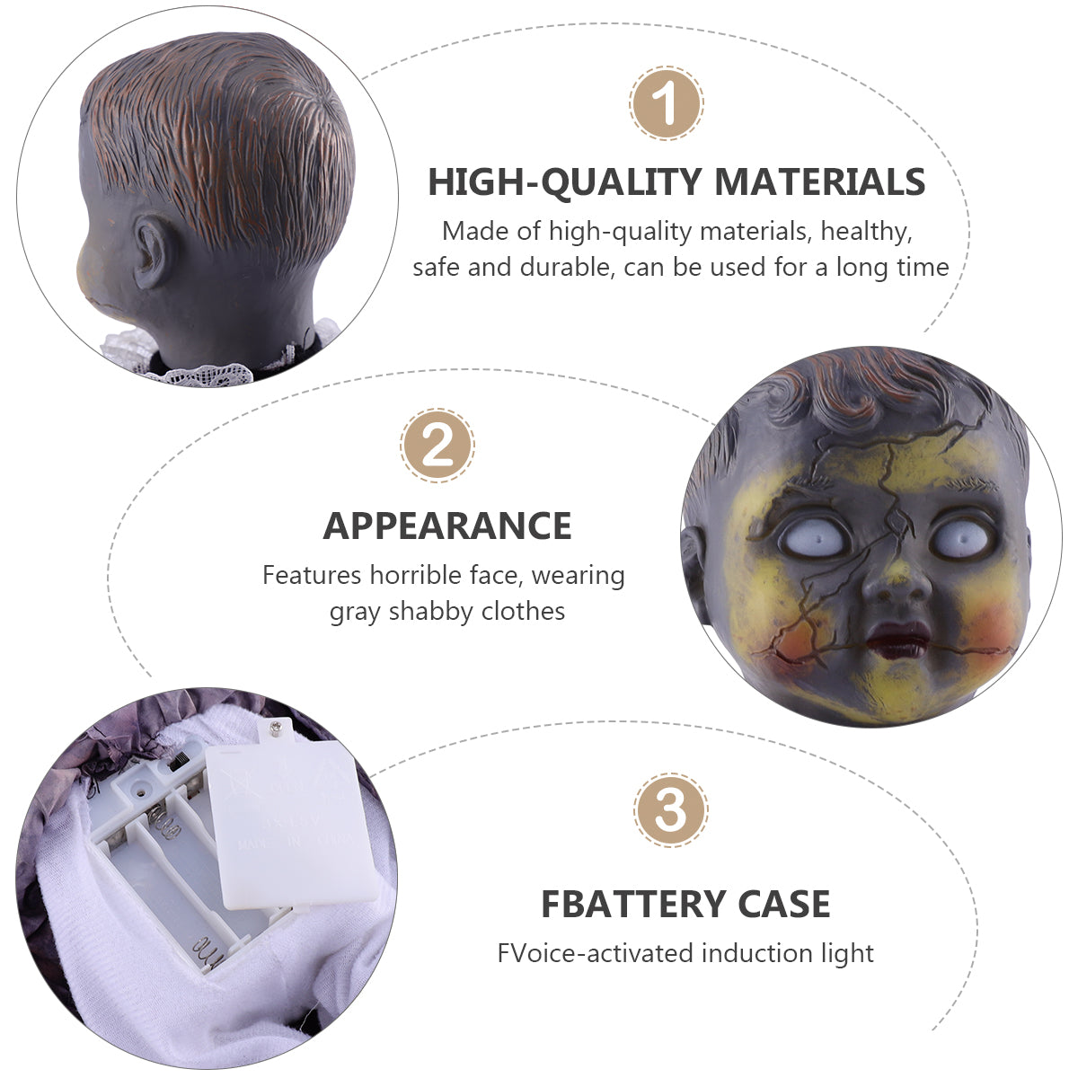 Halloween Scary Dolls, 1 PC Voice-activated Induction Glowing Walking Doll W665