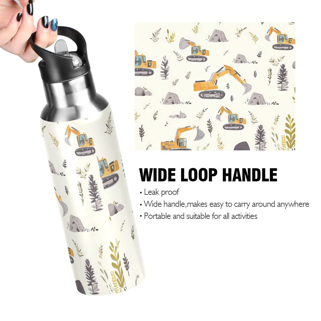 Cartoon Excavator Insulated Stainless Steel Water Bottle with Straw Lid 20 oz I2496