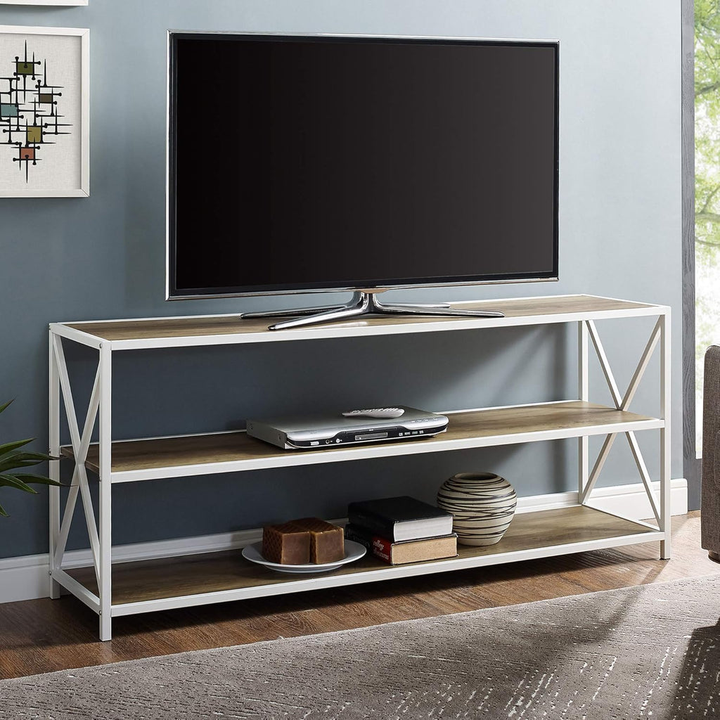 60 Inch Rustic Oak and White Wood Metal Bookcase E847378