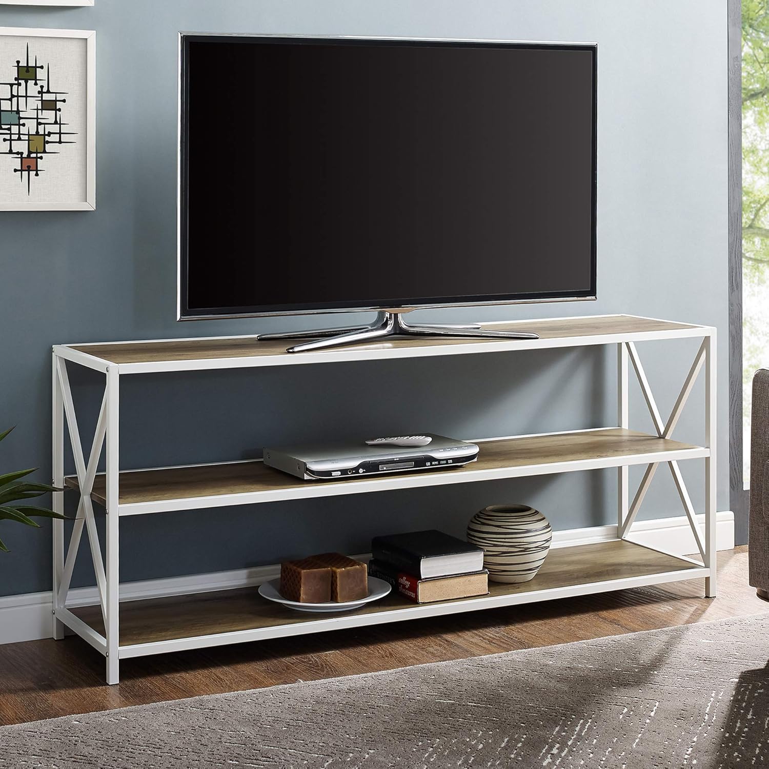 60 Inch Rustic Oak and White Wood Metal Bookcase E847378