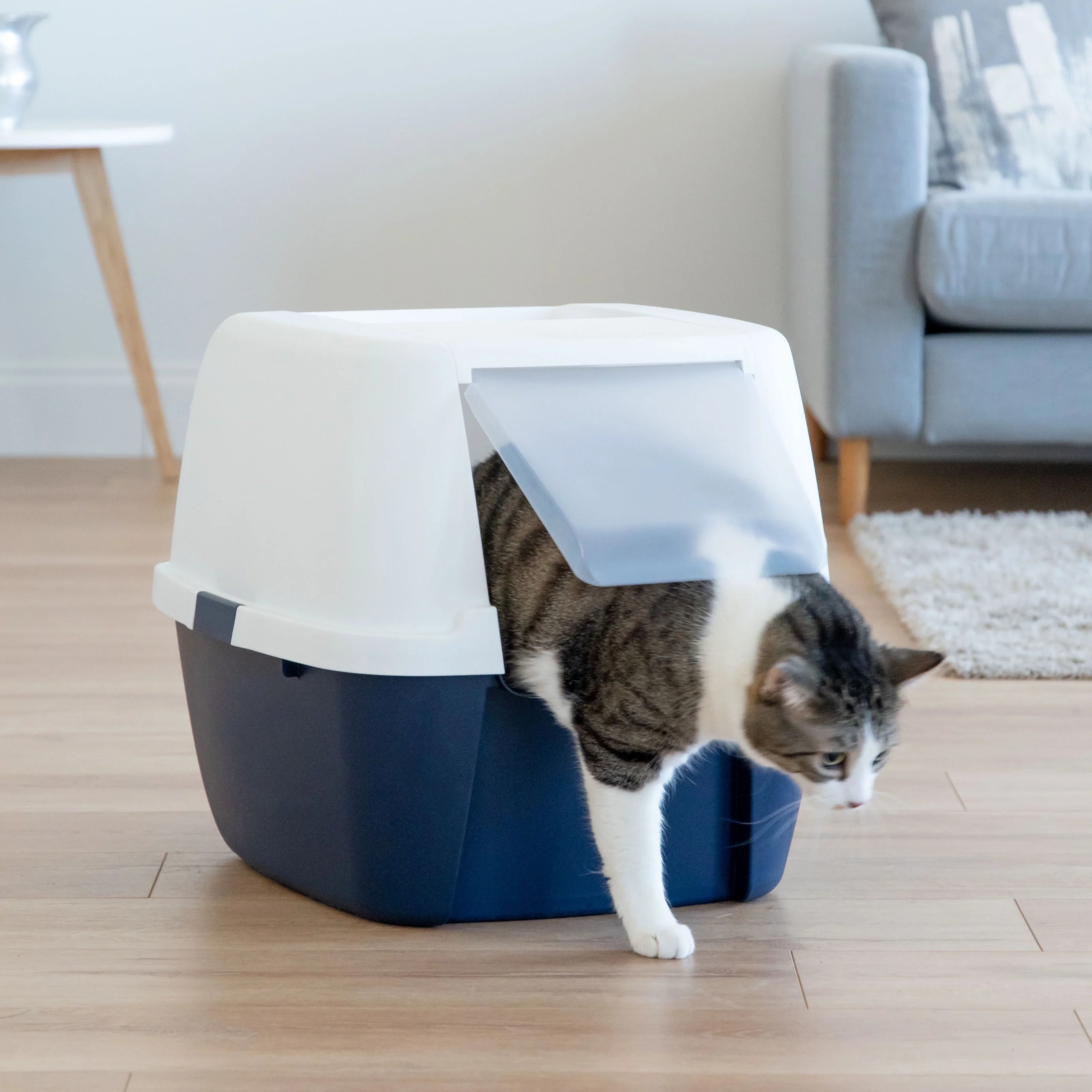 Jumbo Hooded Cat Litter Box with Carrying Handle and Entry Flap, Navy-White A12256