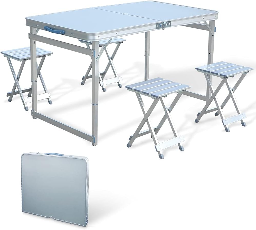 Folding Picnic Table with 4 Seats, Aluminium Alloy Portable Desk Bench B207231