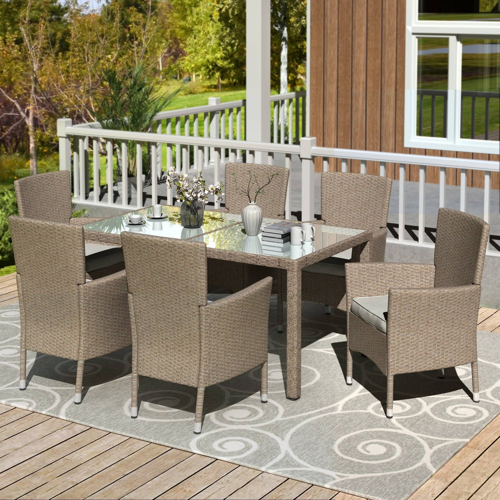 Beige-Brown 7 Piece Patio Wicker Dining Table J9868