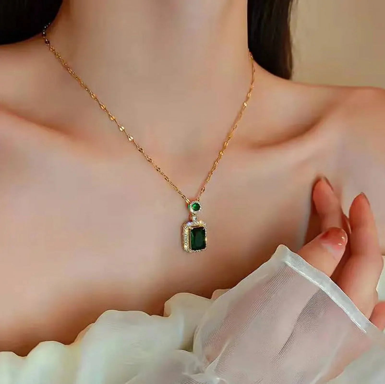 3Pcs/Set Iced Out Cubic Zirconia Green Gemstone Ring Necklace Earrings Gold Plated Jewelry Sets Y197