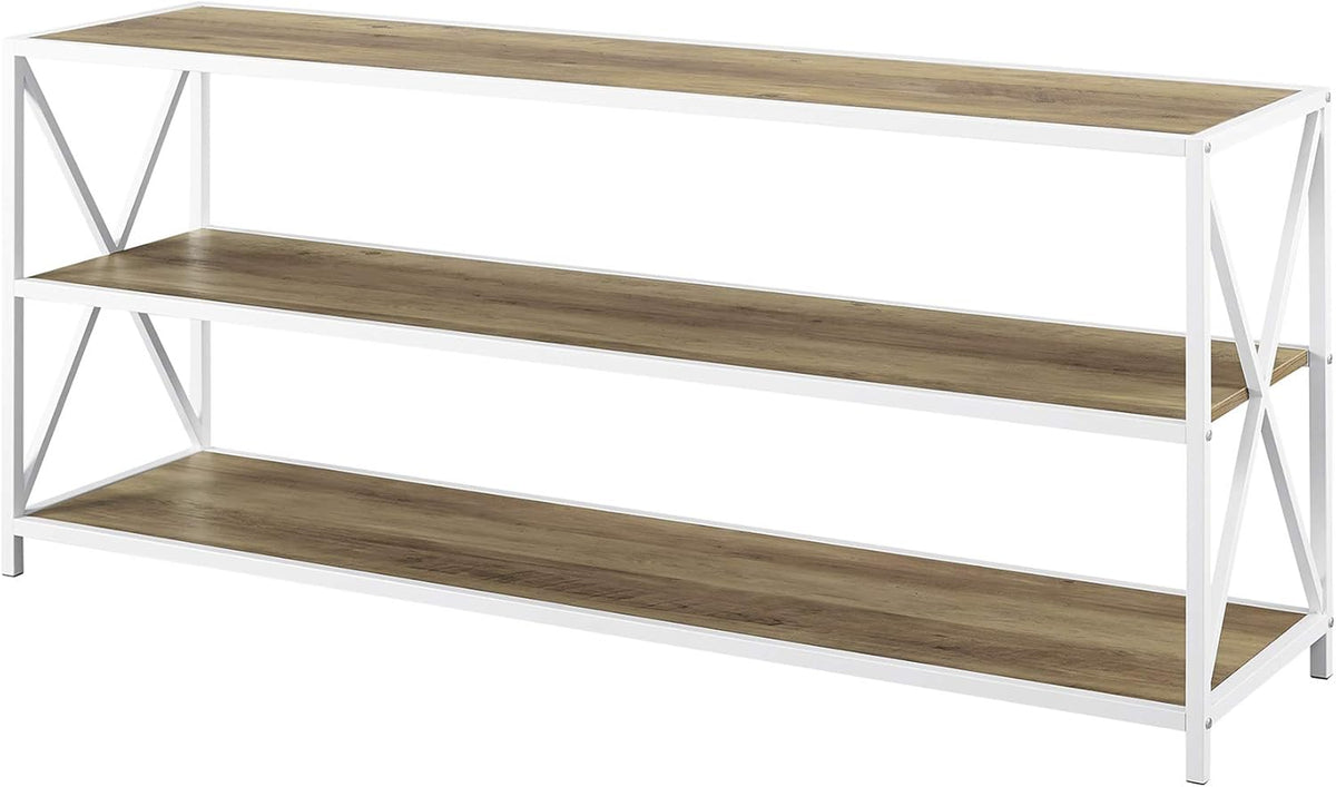 60 Inch Rustic Oak and White Wood Metal Bookcase E847378