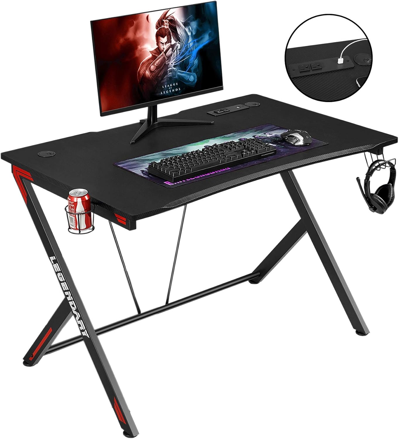45 inch Carbon Fiber Gaming Desk with Headphone Hook, Cup Holder and Cable Management Holes V24036