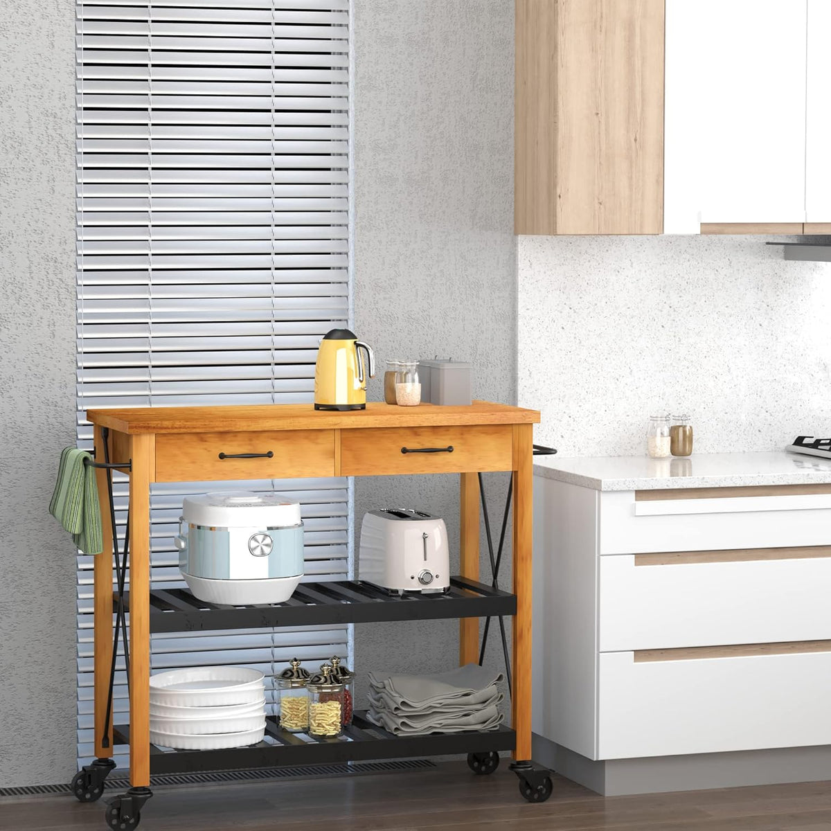 Kitchen Island Cart with 2 Drawers and Open Storage Shelves R12310