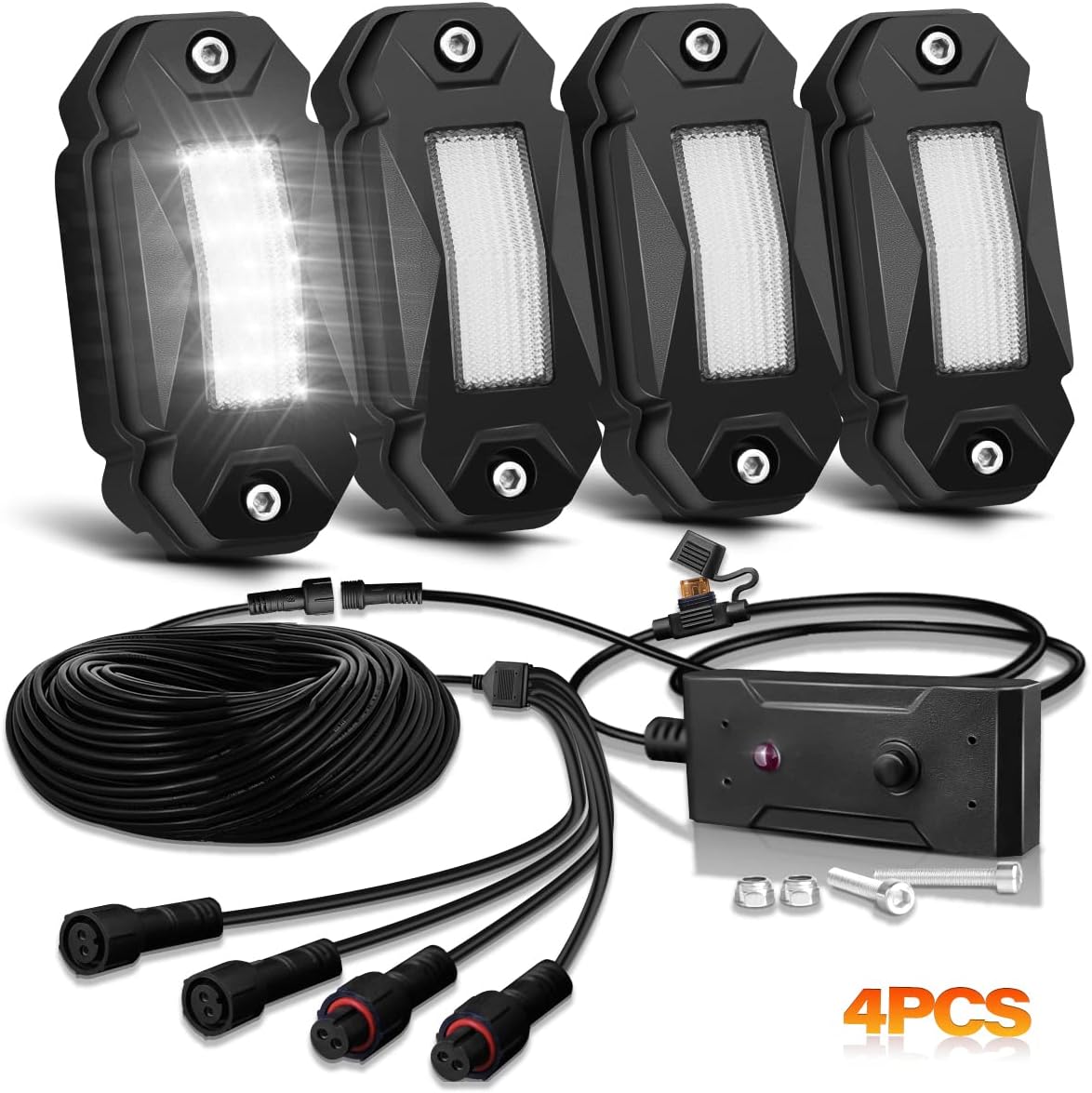 4Pods LED Rock Lights White with 23FT Harness Switch Fuse kit A1206