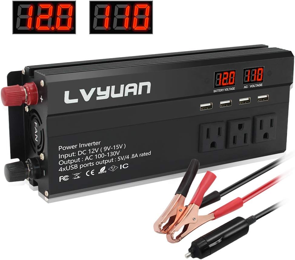 Power Inverter 1000W/2000W 4 AC Outlets 4 USB Charging Ports DC to AC 12V to 110V with Digital LCD Display Pack of 2 D157421