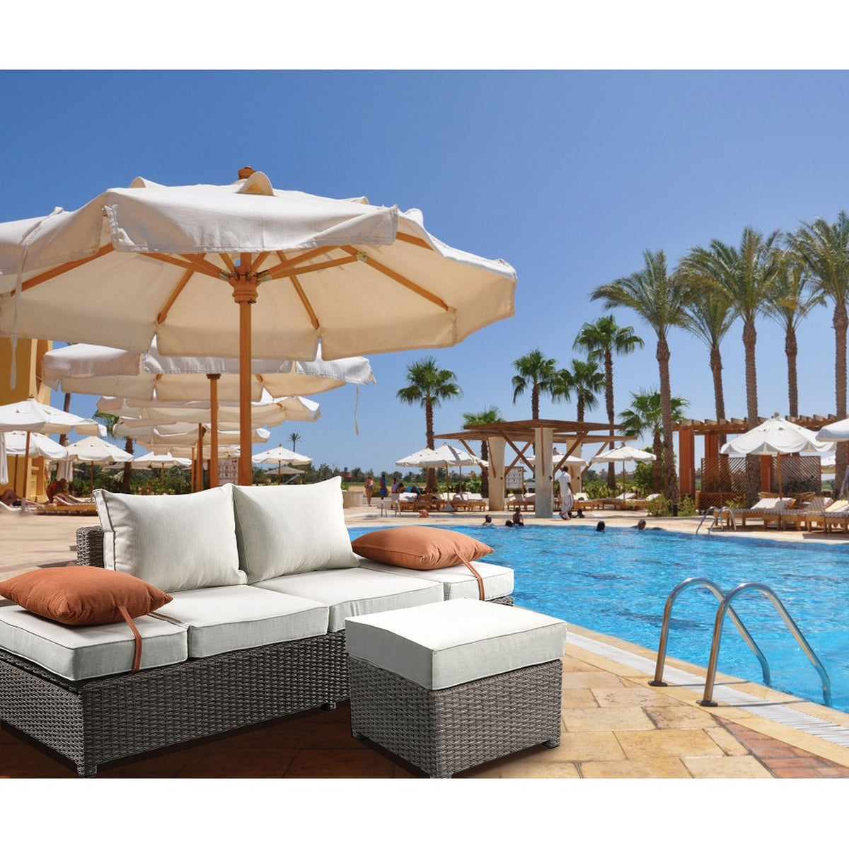 Beige Fabric Patio Sofa & Ottoman with 2 Pillows I9843