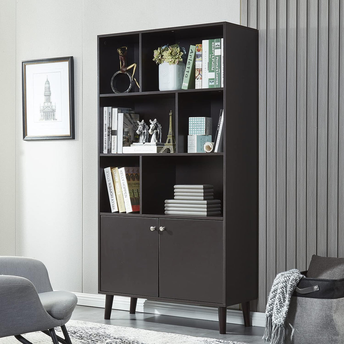 Modern Bookcase with 2 Doors Wooden Bookshelf with 6 Storage Cabinet Coffee B424
