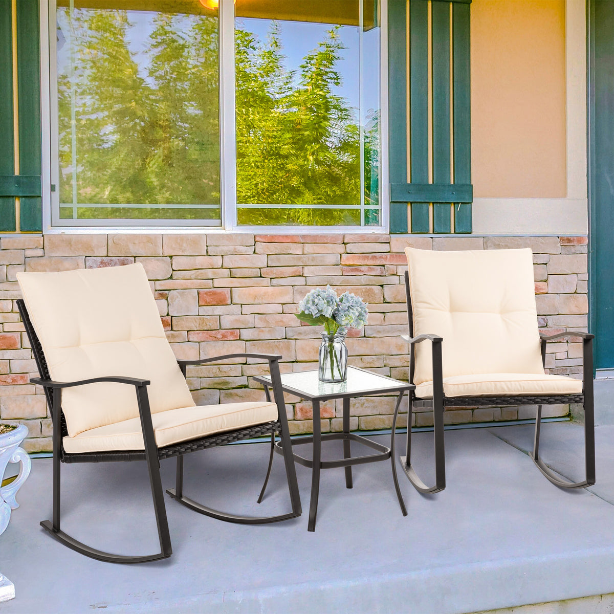 3 Piece Beige Outdoor Rocking Chair Set J21079