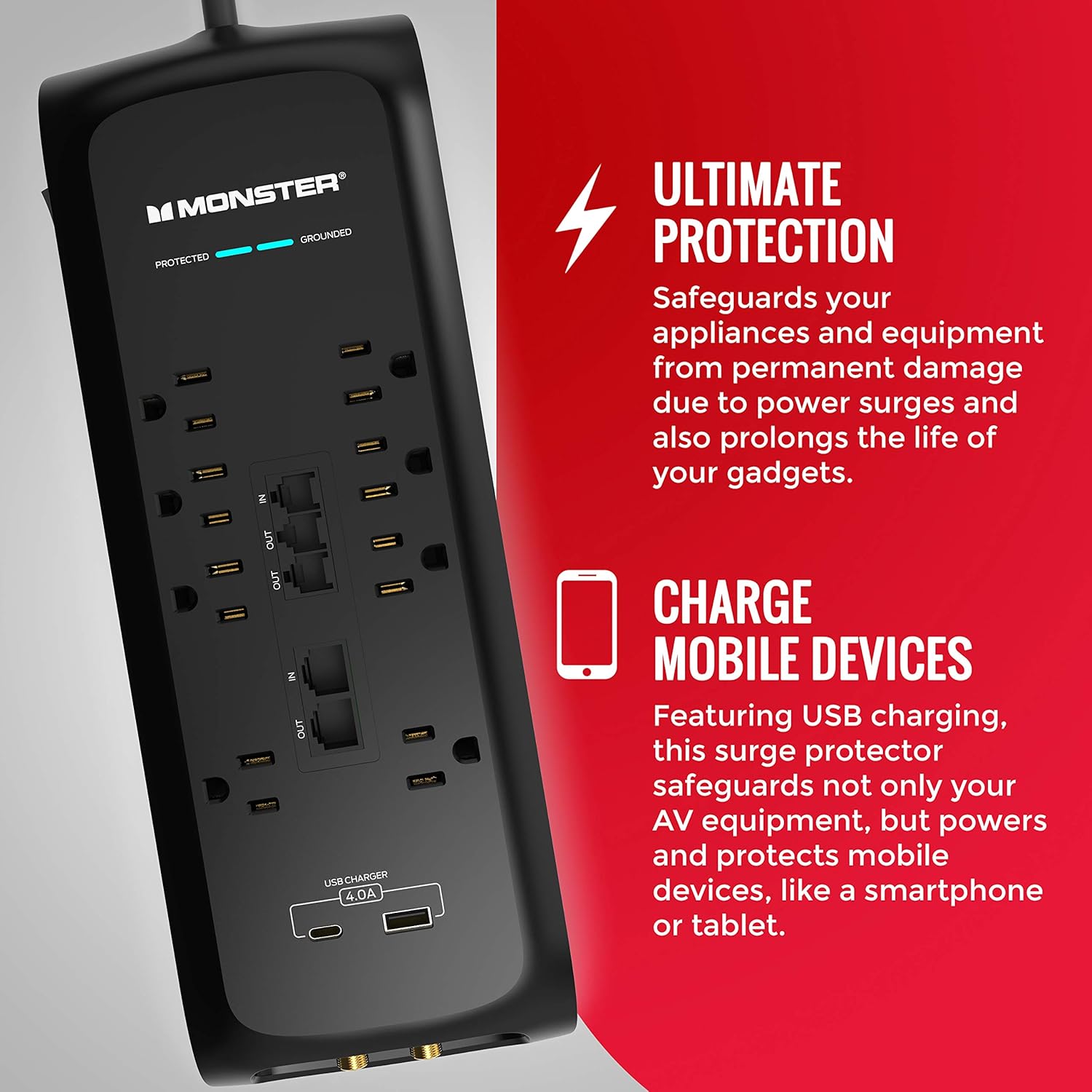 Power Strip Surge Protector with USB Ports, 8 Plug-ins and 2 USB, Pack of 2 D642081