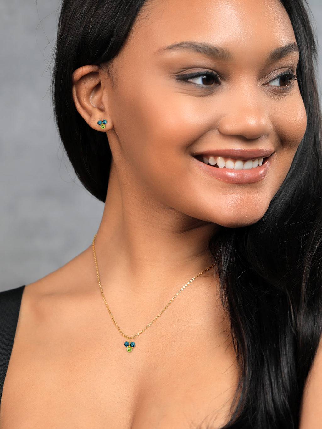 14K Yellow Gold Blue Diamond and Green Peridot 3 Stone Pendant and Earrings Jewelry Set (0.96 Cttw, Round 3MM, with 18 inch Chain) R16511