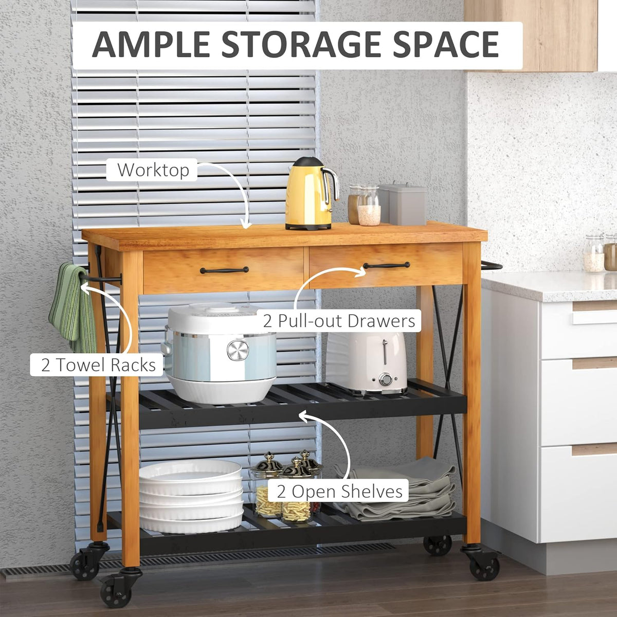 Kitchen Island Cart with 2 Drawers and Open Storage Shelves R12310