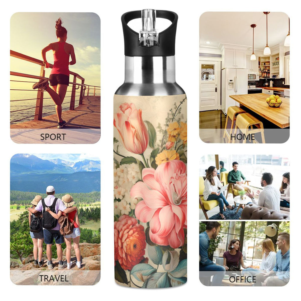 Pink Flowers Print Stainless Steel Insulated Water Bottle with Straw Lid Y712