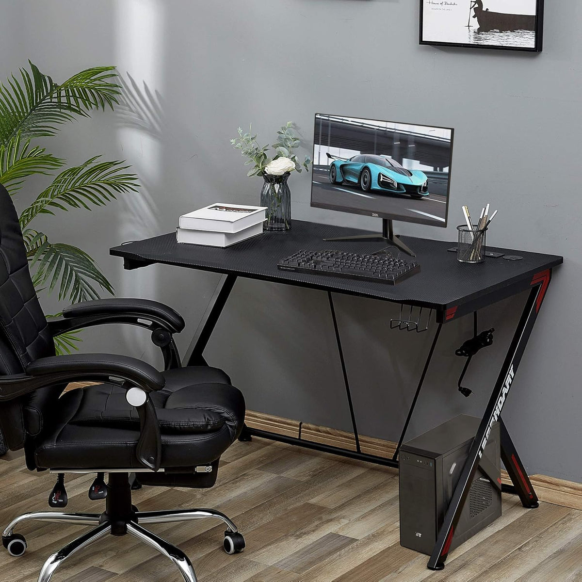 45 inch Carbon Fiber Gaming Desk with Headphone Hook, Cup Holder and Cable Management Holes V24036