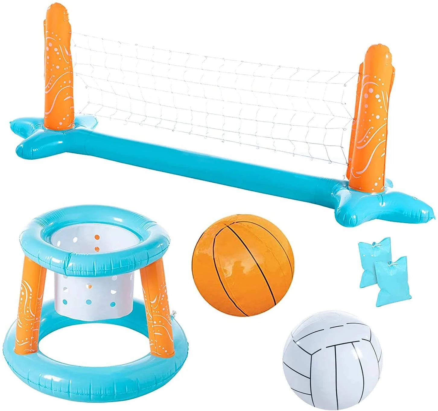 2-in-1 Inflatable Floating Pool Volleyball Basketball Game Set with Weight Bags, Light Blue G6829