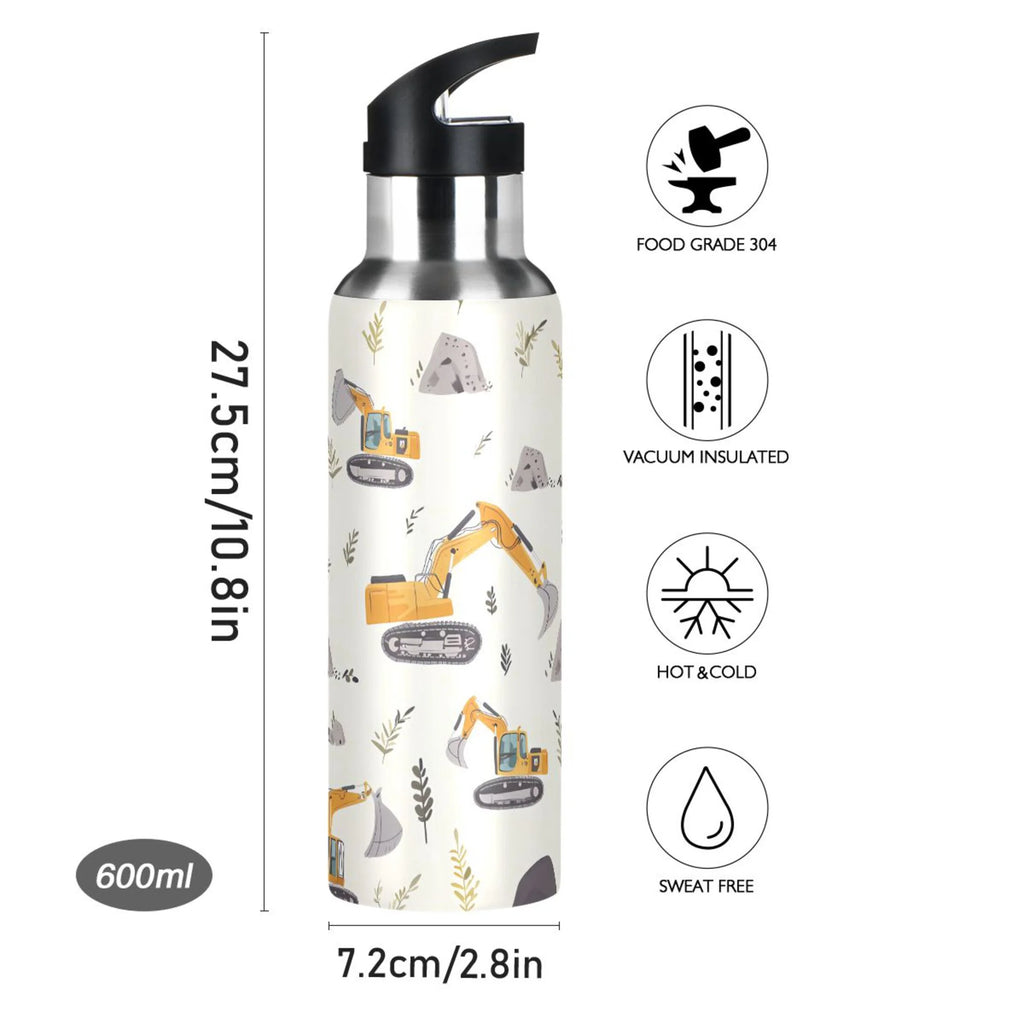 Cartoon Excavator Insulated Stainless Steel Water Bottle with Straw Lid 20 oz I2496