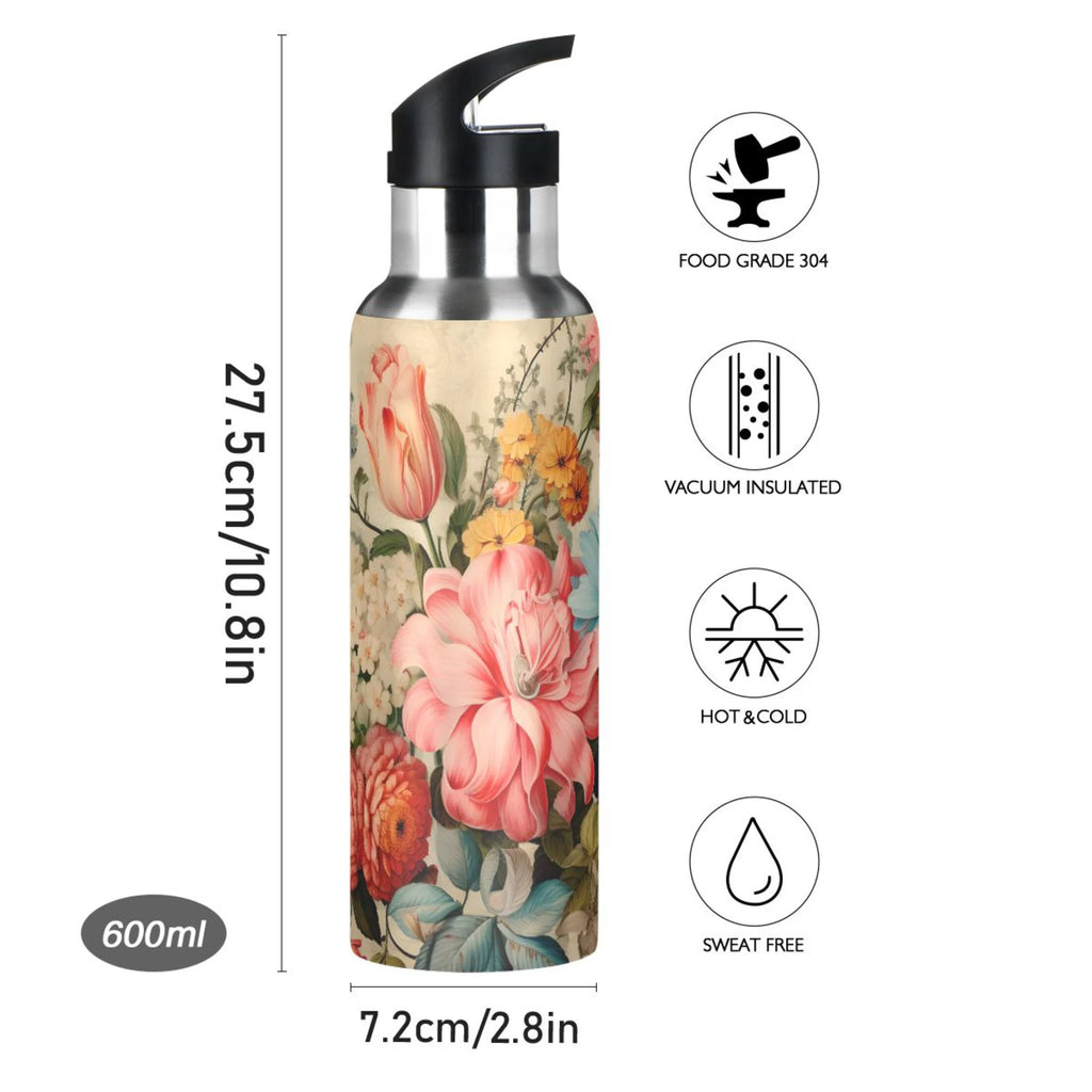 Pink Flowers Print Stainless Steel Insulated Water Bottle with Straw Lid Y712