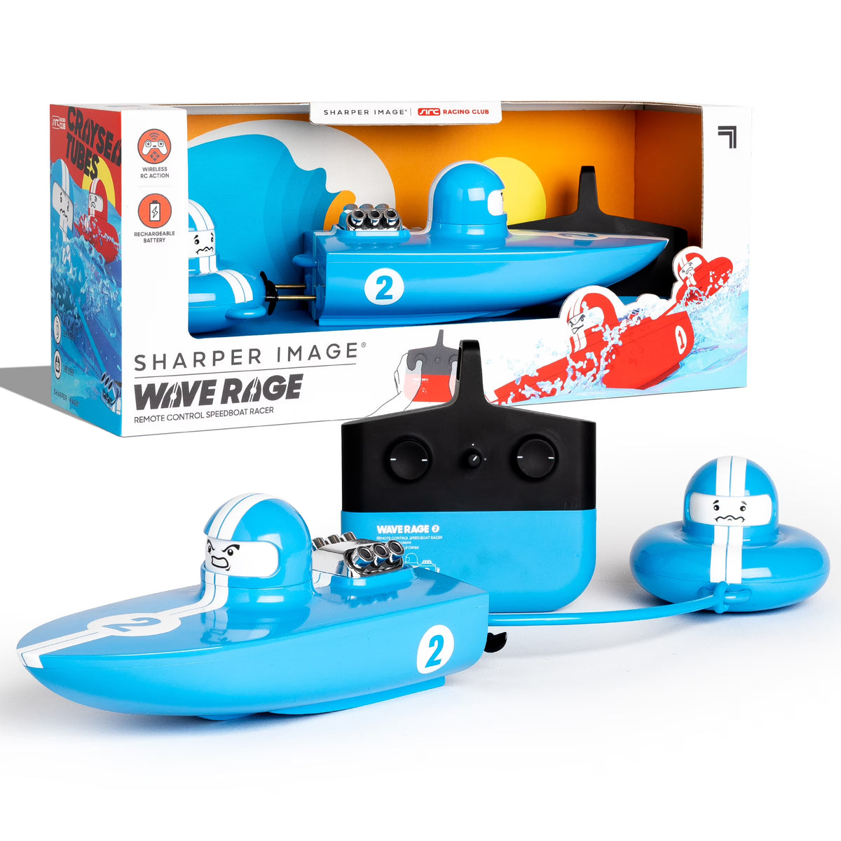 Blue Wireless Rechargeable Bumper Boat with Tow Rider X165861