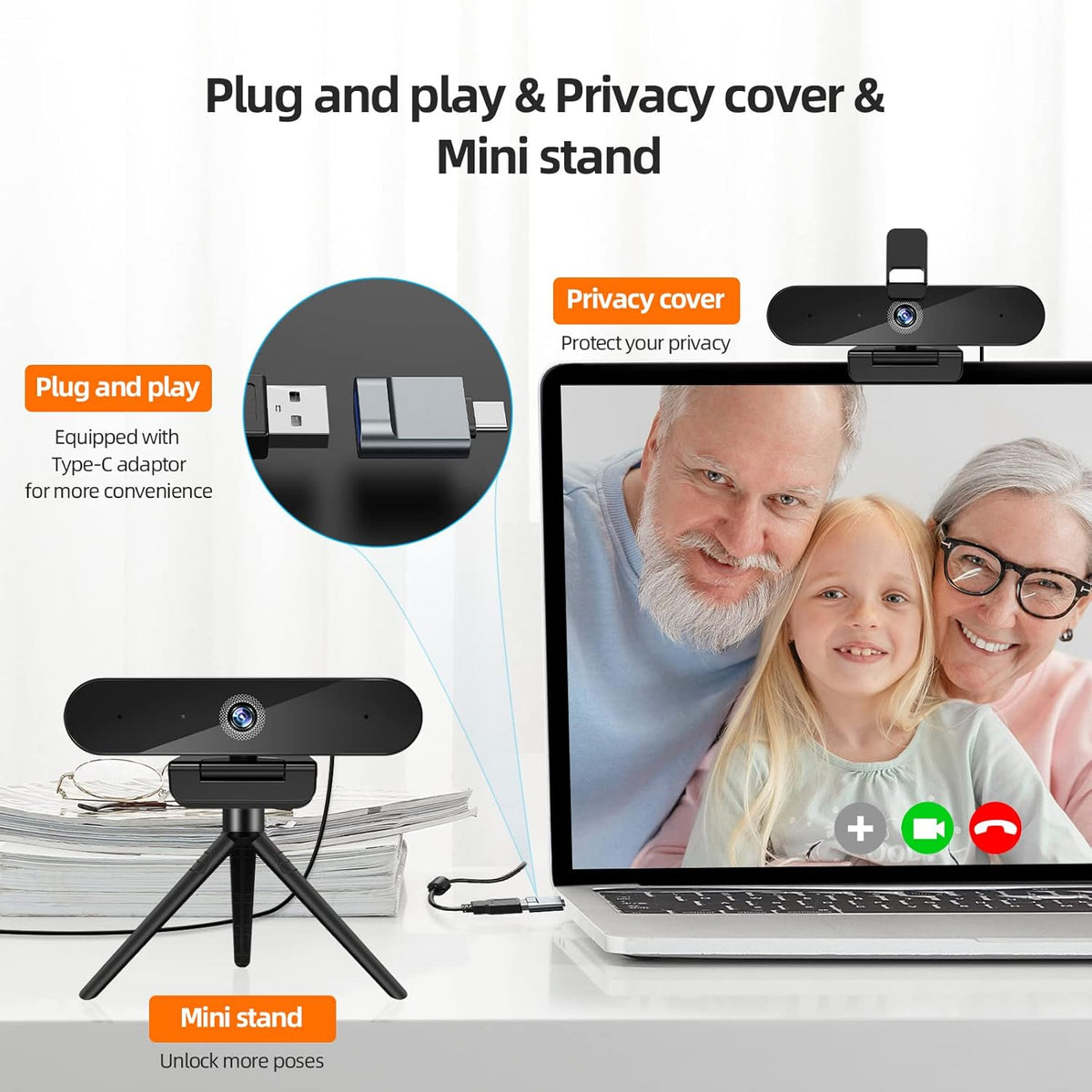 4K Webcam with Microphone, Autofocus, Privacy Cover and Tripod O42576