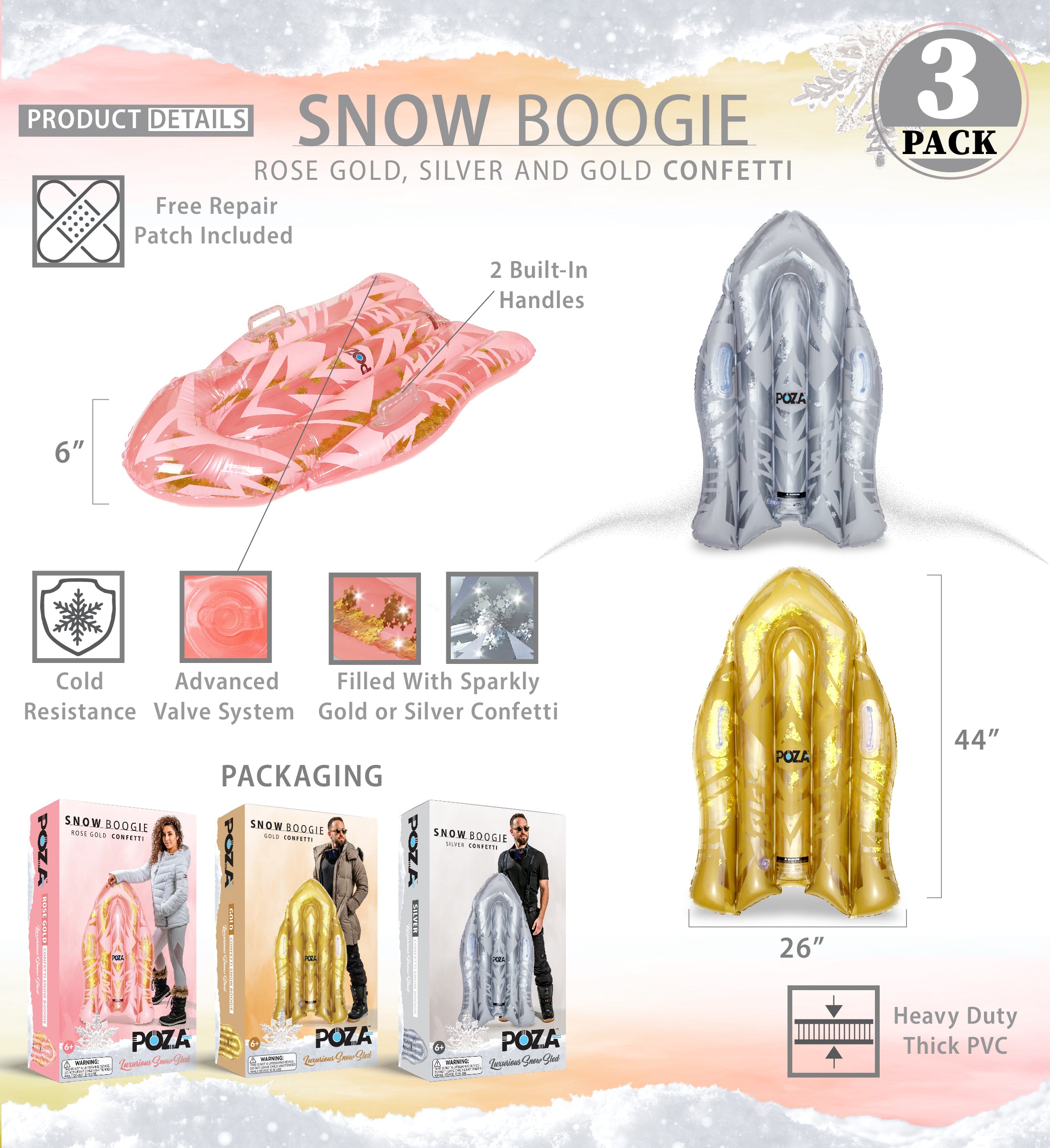 Inflatable Snow Sled Set of 3, Rose Gold, Gold, and Silver, 44 Inch T398