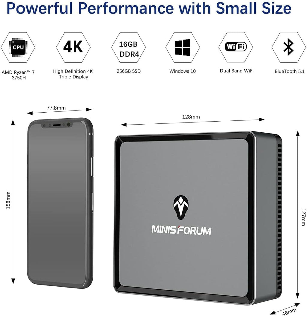 Mini PC AMD Ryzen 7 3750H 16 GB RAM 256 GB PCIe SSD Radeon RX Vega 10 Graphics Dual WiFi BT 5.1 HDMI Display USB-C RJ45 4X USB 3.0 Ports Small Form Factor A217