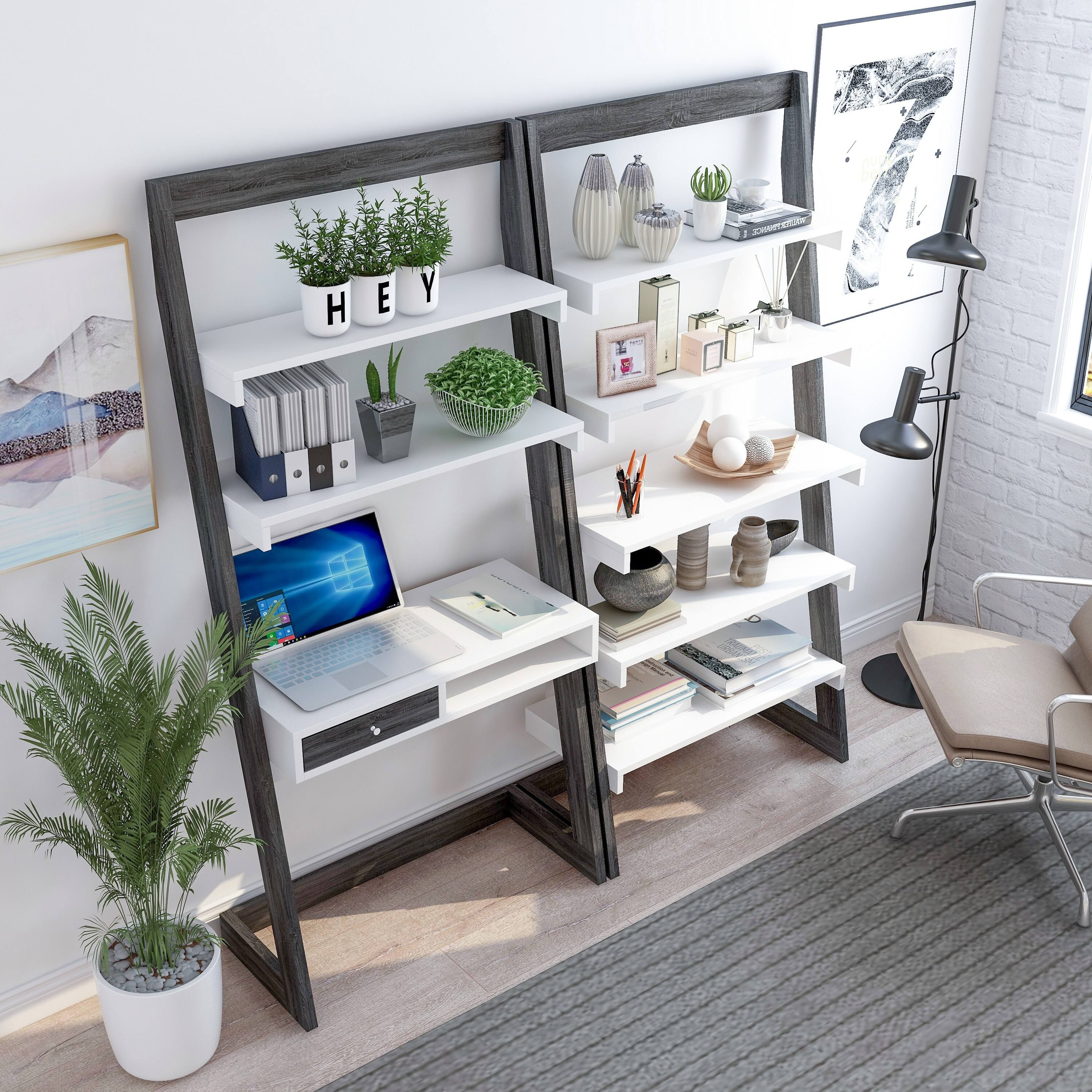 Weathered White 2-Piece Desk with Bookcase Set K1805