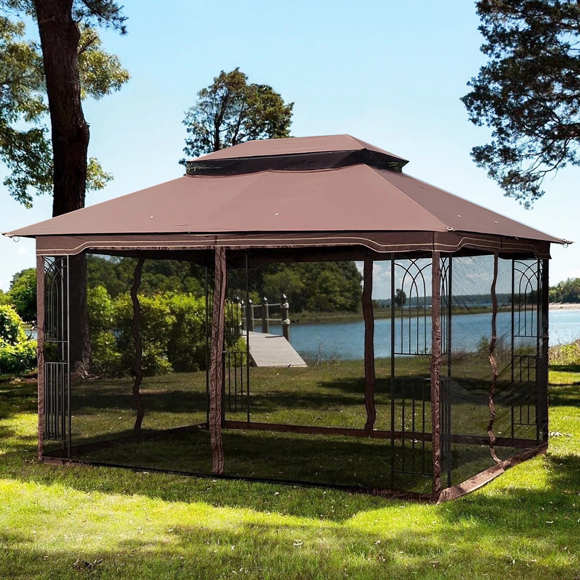 Brown Top Outdoor Patio Gazebo Canopy Tent With Ventilated Double Roof And Mosquito Net E5213