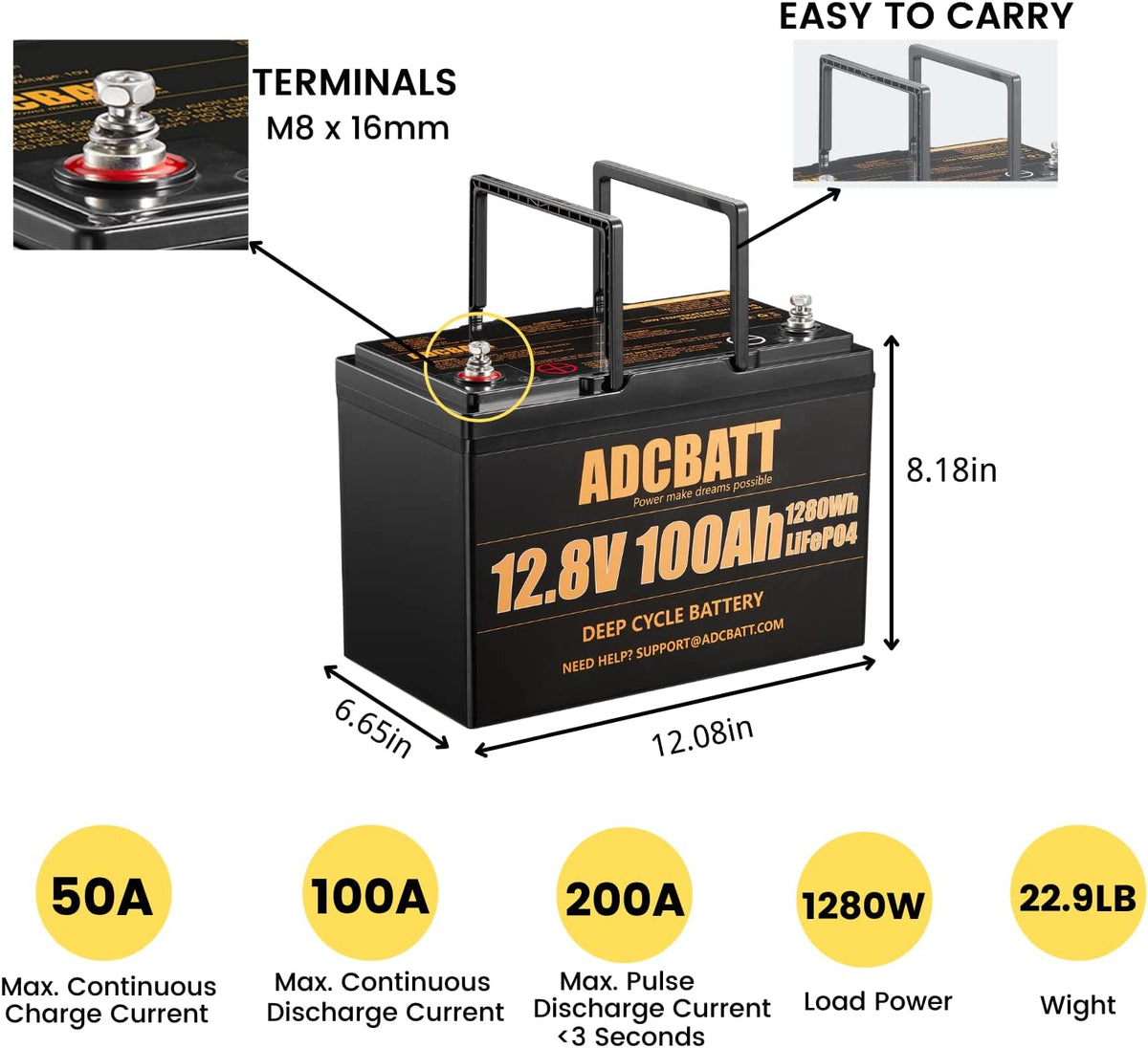12V 100AH LiFePO4 Deep Cycle Battery with 100A BMS M2960