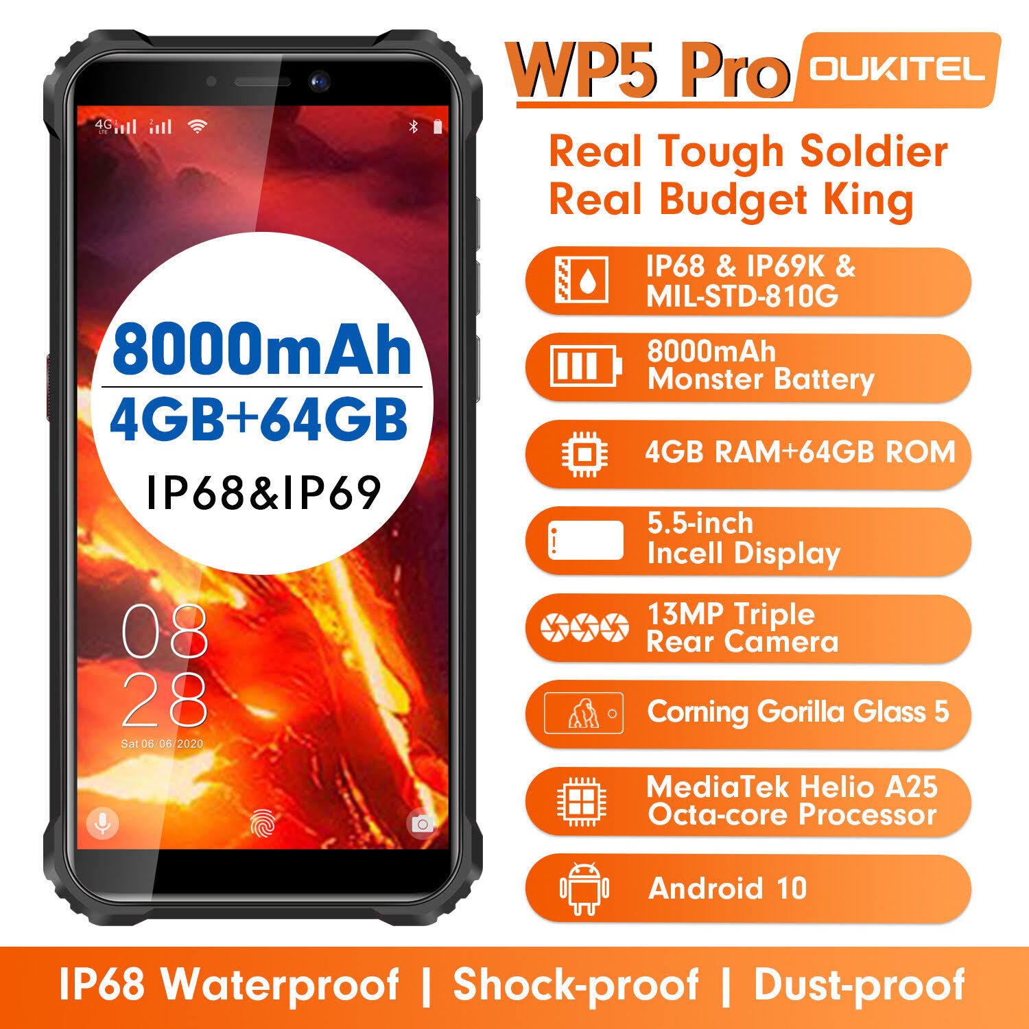 5.5 inch Waterproof 8000mAh Android 10 4GB 64GB Smartphone O290247