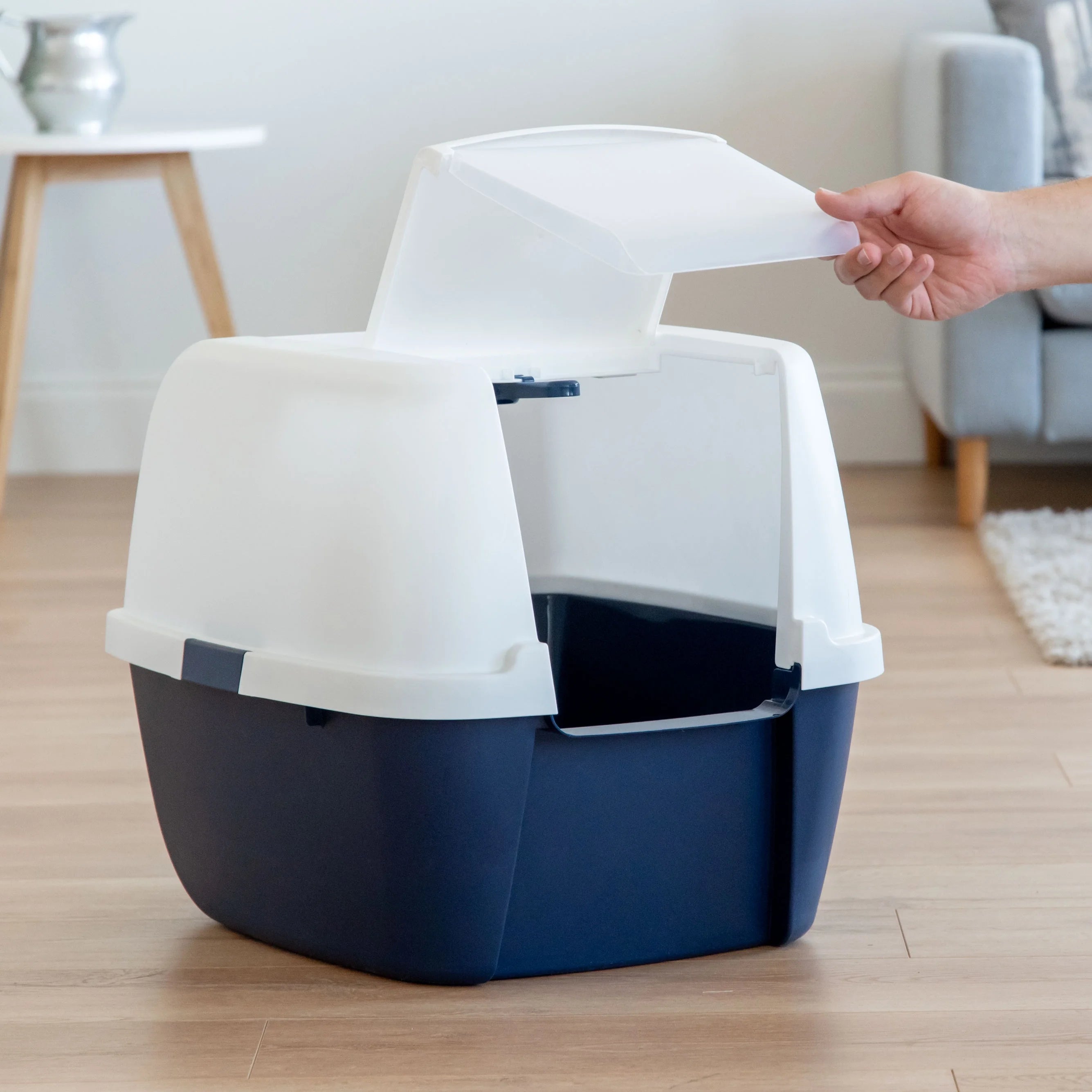 Jumbo Hooded Cat Litter Box with Carrying Handle and Entry Flap, Navy-White A12256
