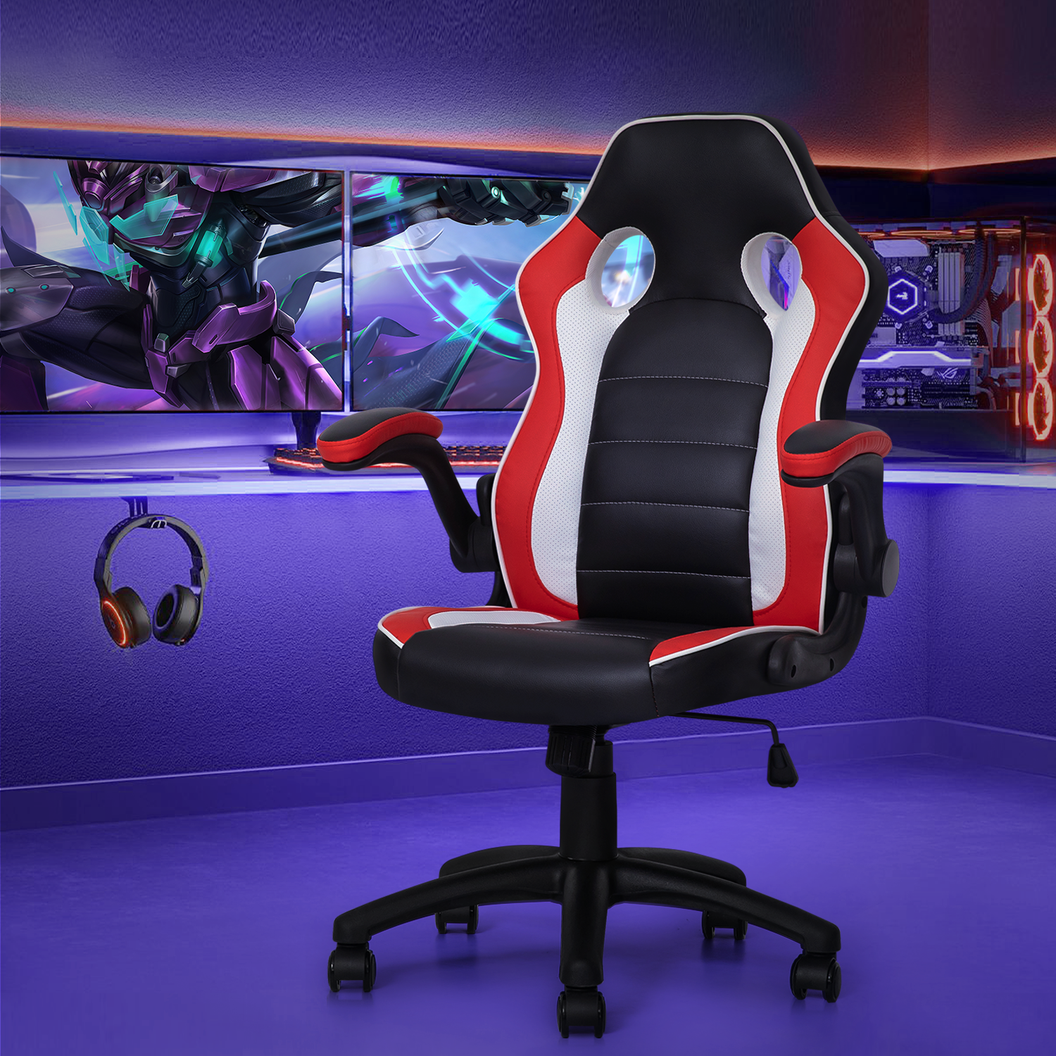 Red Leather High-Back Swivel Gaming Chair with PVC Mat C7728