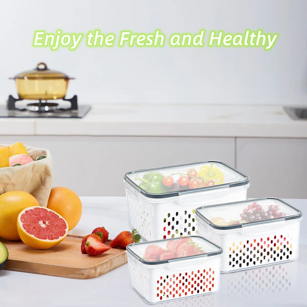 3 Pack Refrigerator Organizer Food Containers with Lids and Drain Colanders H169