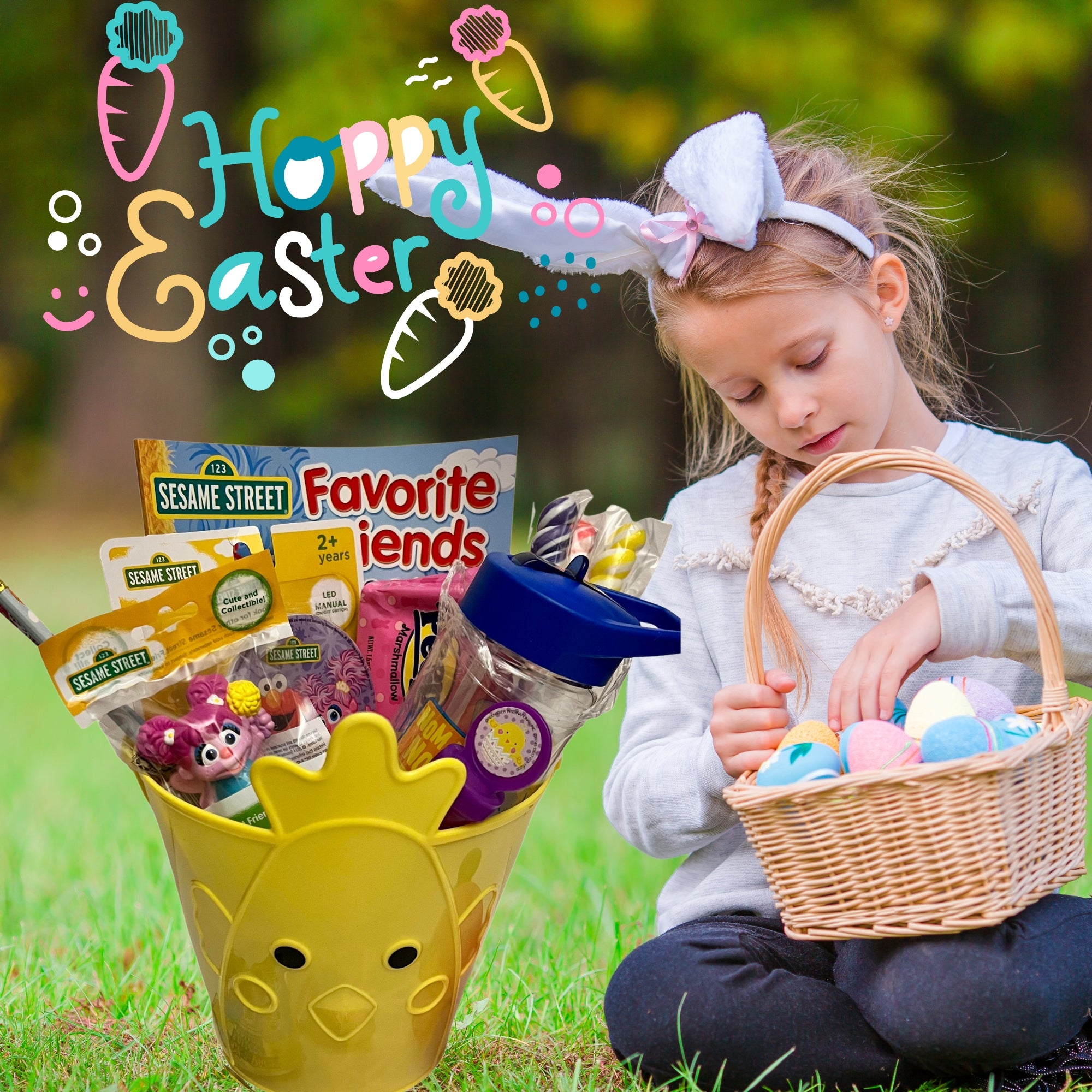 Sesame Street Easter Basket with Collectible Toy Tumbler Led Night Light Coloring Book Bubbles Candies A544404
