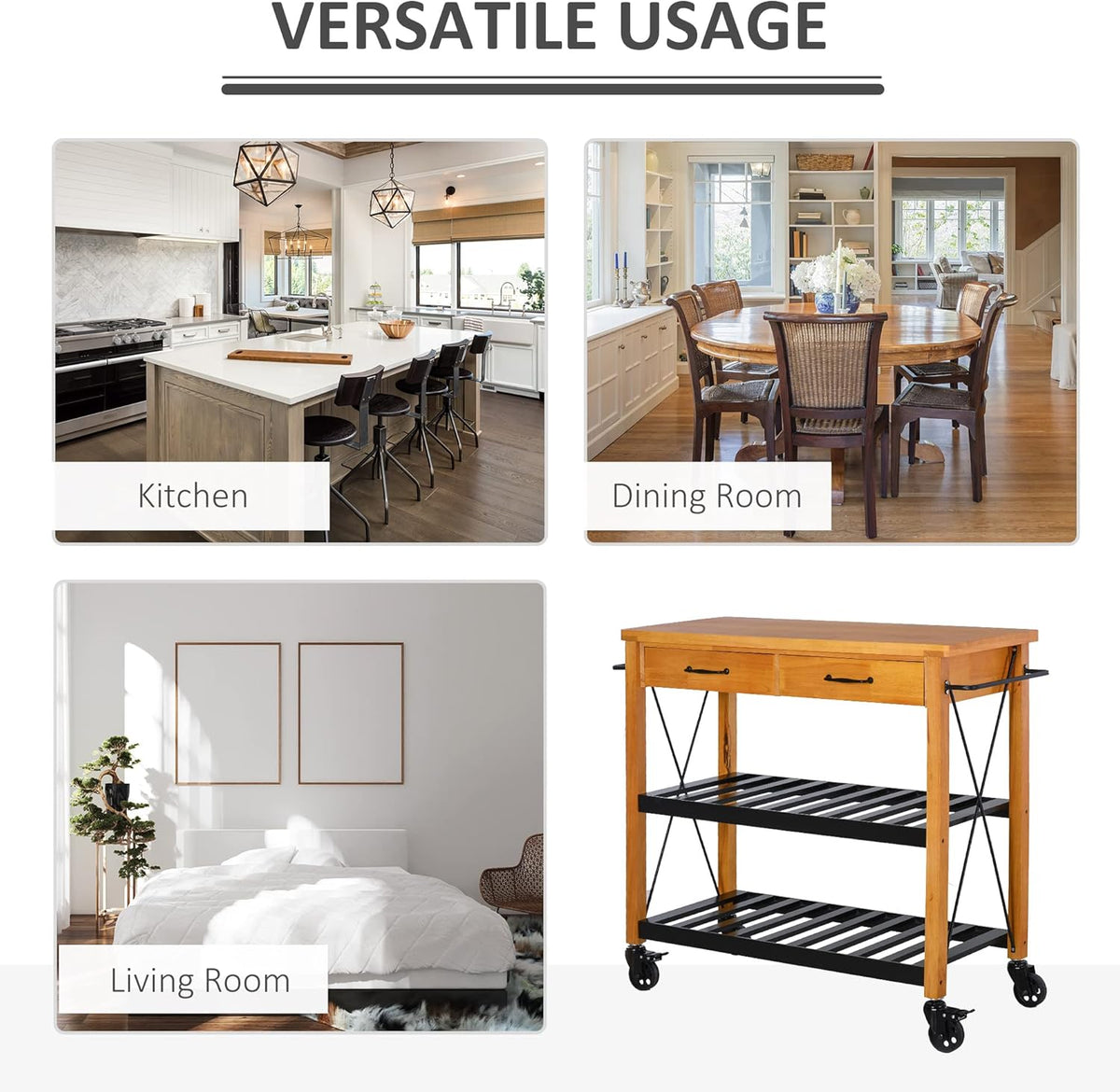 Kitchen Island Cart with 2 Drawers and Open Storage Shelves R12310